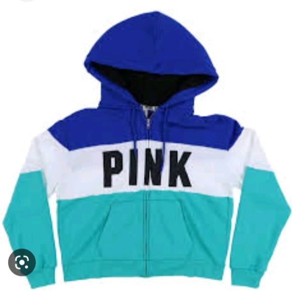 PINK VS Colorblock Aqua/Blue/White/Blk Logo Full Zip Up Sherpa Hoodie - Picture 3 of 9